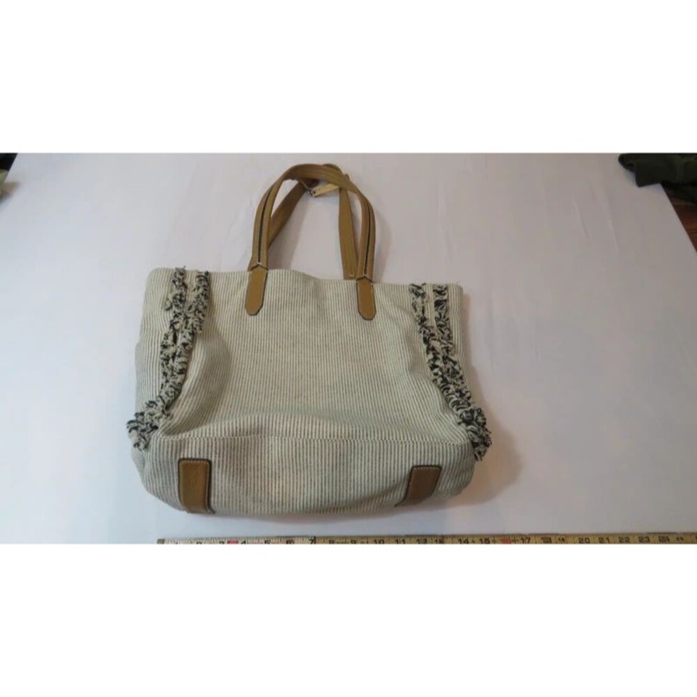 Vince Camuto Iona Tote Bag Black White Striped Cotton Fringe Tan Leather Straps